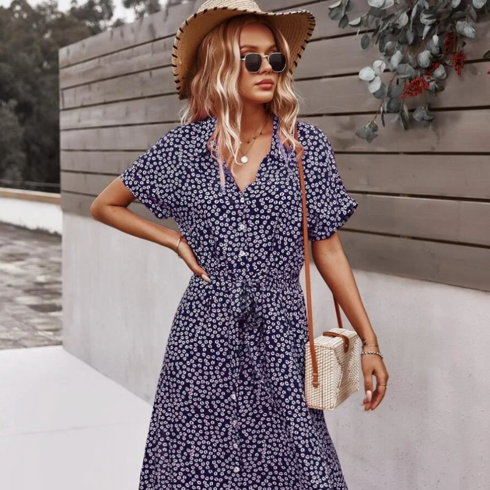 Ditsy Floral Tie Front Button Through Dress